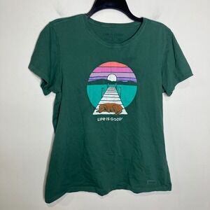 Life is good crusher lite tee‎ green dog on boardwalk 100% cotton women's large